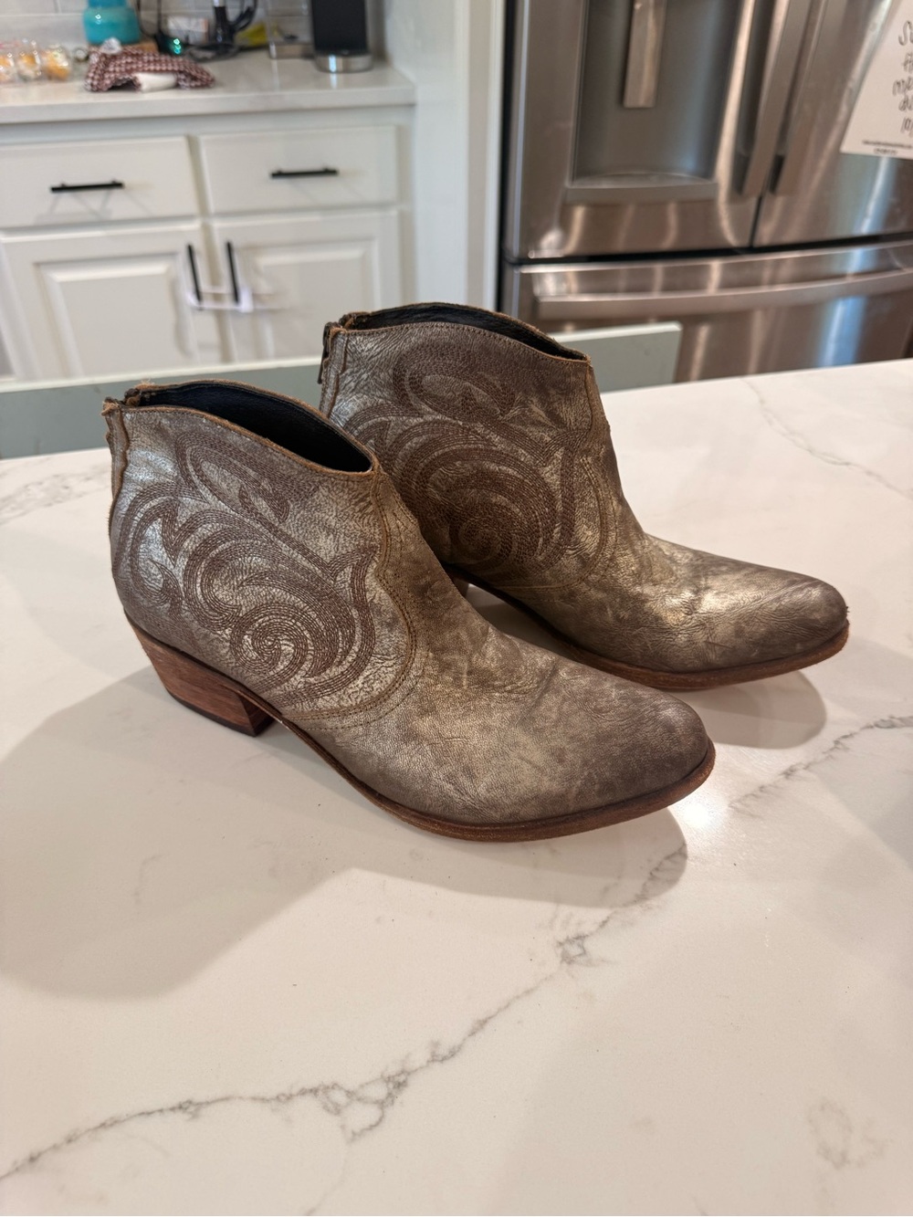 LIBERTY Black Metallic Taupe Ankle Booties with Swirl Embossing